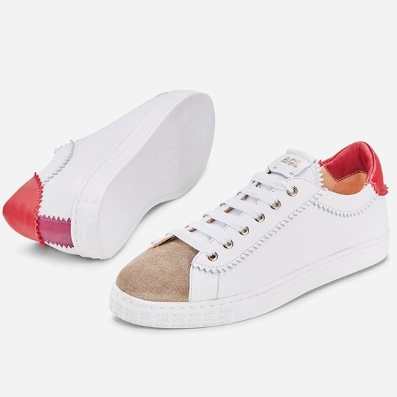 AGL SADE RED White Leather Low Top Tennis Sneaker, Red/Beige,Size 39.5/9.5, NWOB - Picture 2 of 16